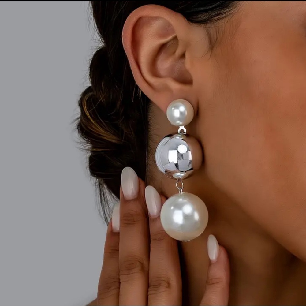 Pearl Silver Bauble Drop Earrings - Picture 6 of 16